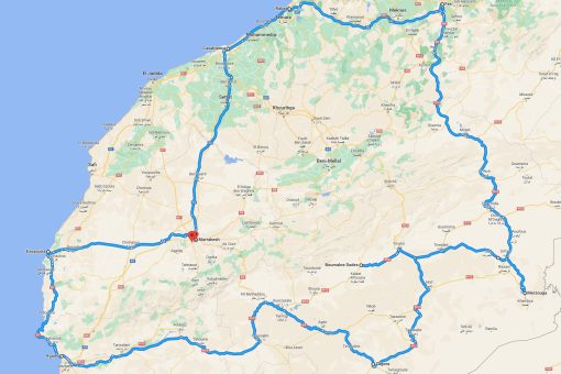 2 Wochen Rundreise ab Marrakesch Die Route unserer 2 Wochen Rundreise ab Marrakesch durch Casablanca, Rabat, Meknes, Fes, Merzouga, Ouarzazate, Essaouira. Wüste, Königsstädte, Atlantischer Ozean